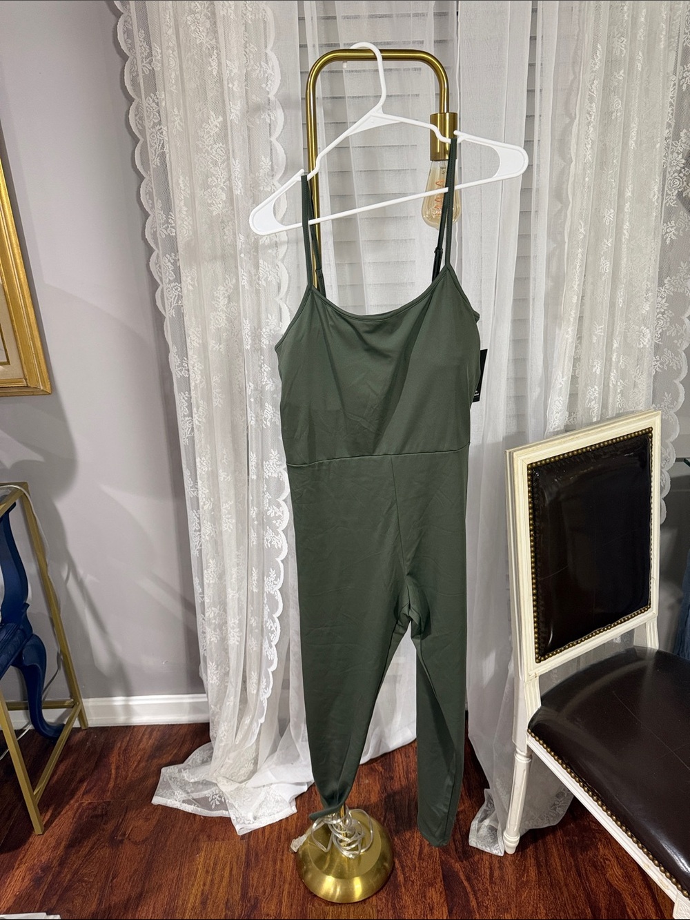 No Boundaries Olive Green Spaghetti-Strap Jumpsuit